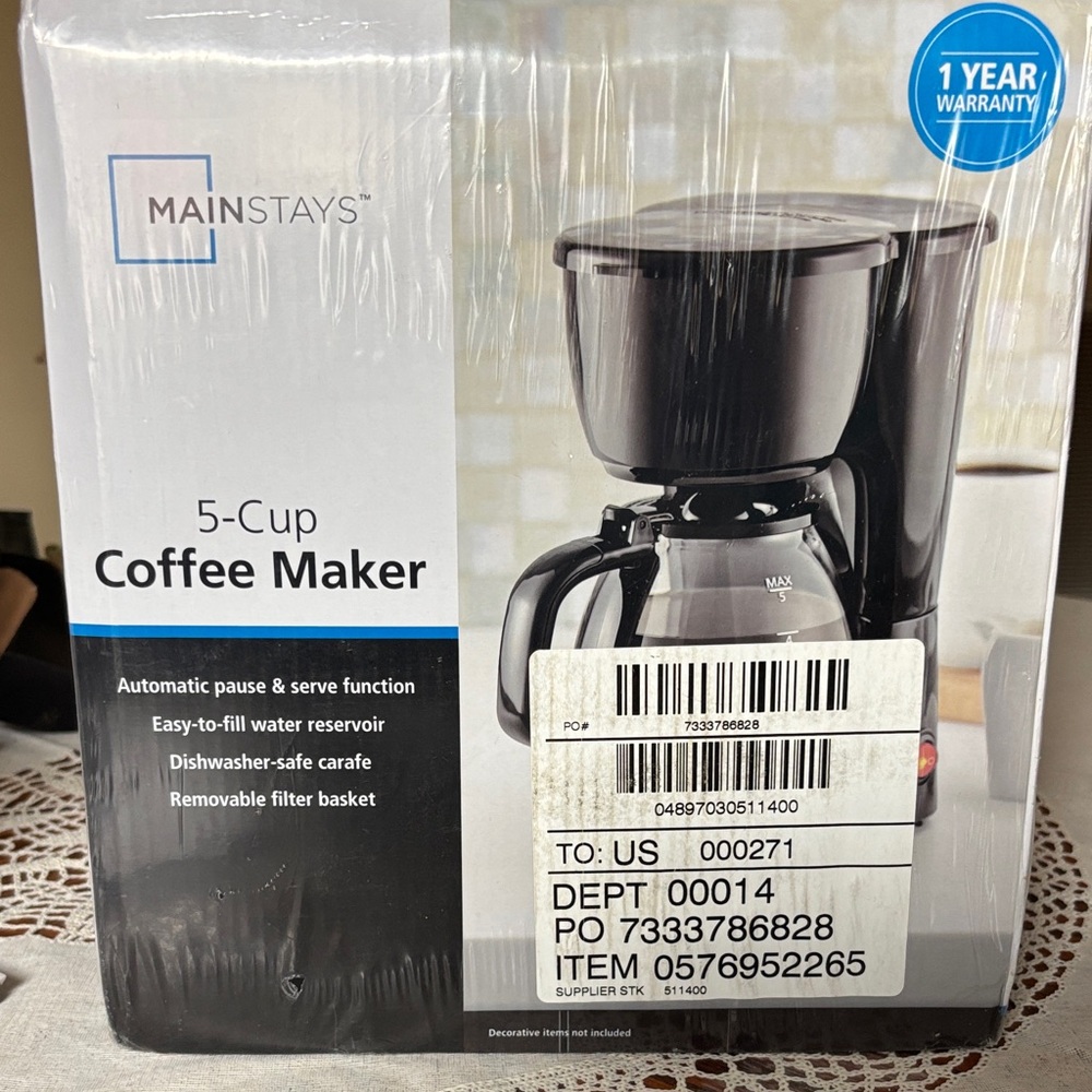 Mainstays Black Coffee Maker with 5-Cup Capacity